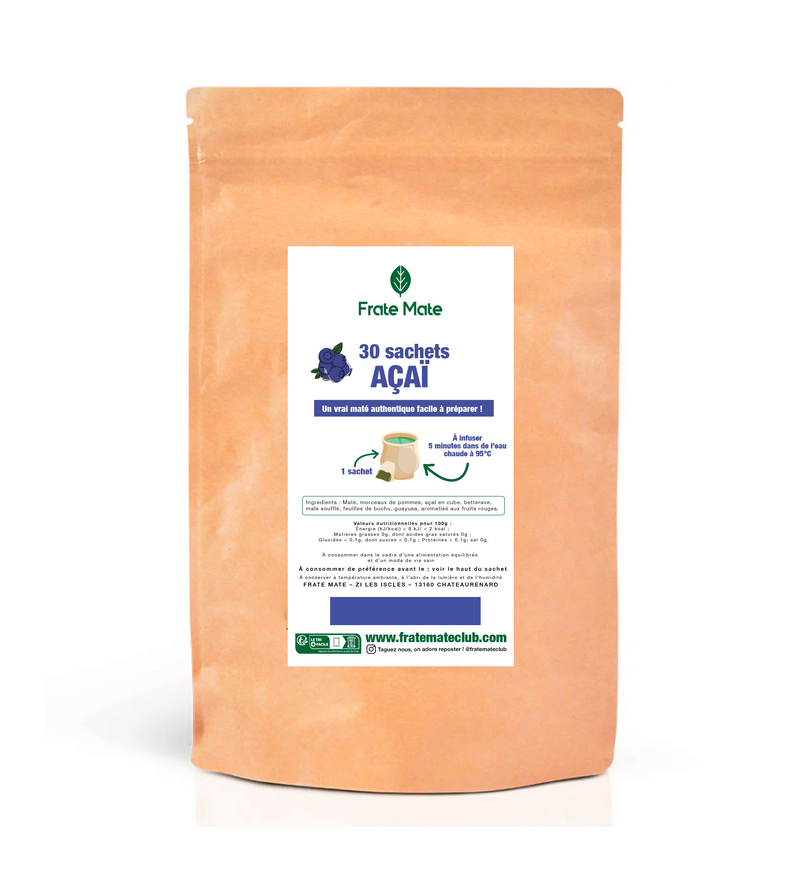 Yerba Maté Bio Açaï, 30 sachets, énergisant naturel, goût fruité intense, facile à préparer