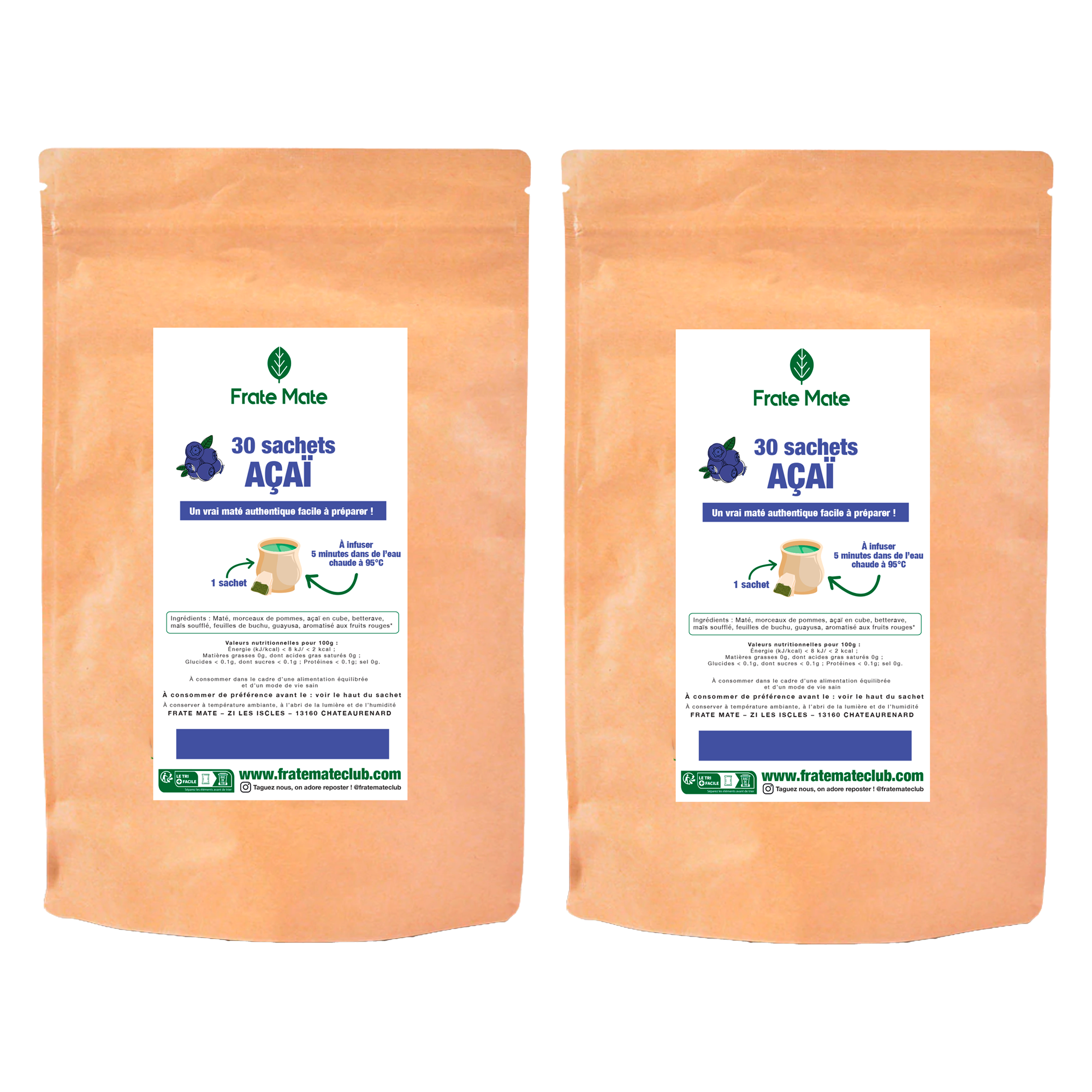 Yerba Maté Açaï, 60 sachets, énergisant naturel, goût fruité intense, facile à préparer
