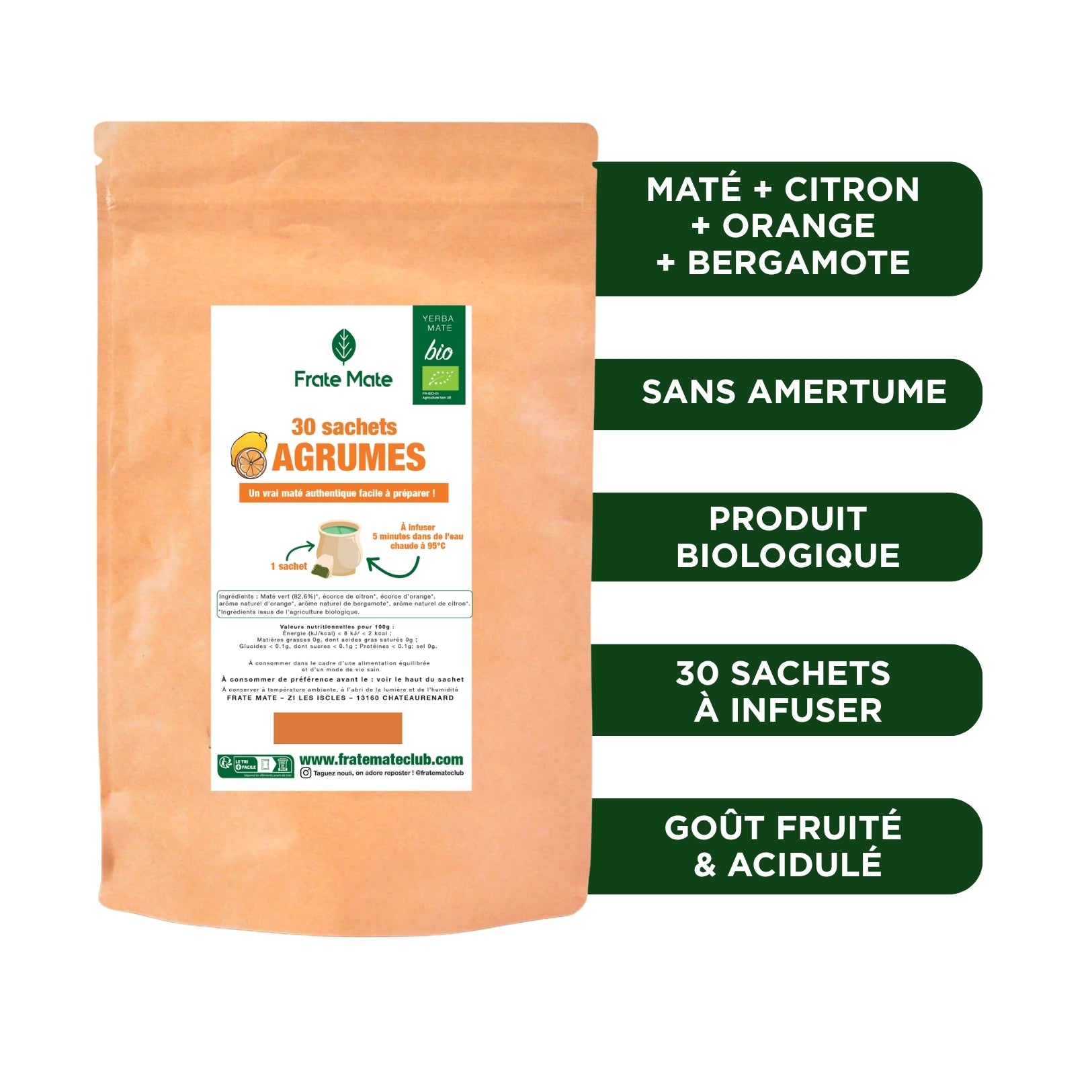 Yerba Maté Bio Agrumes, 30 sachets, énergisant naturel, goût acidulé, facile à préparer, sans amertume
