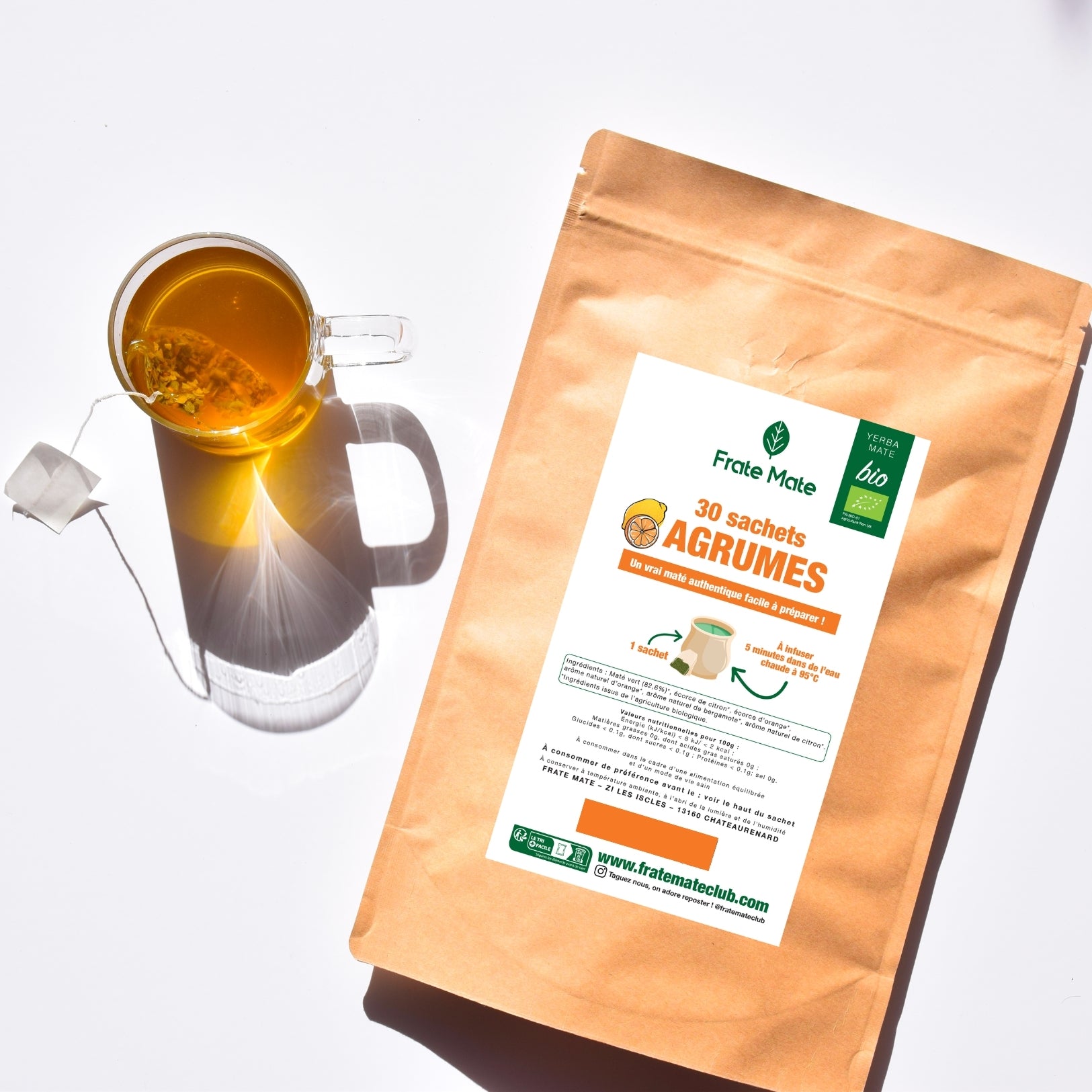Yerba Maté Bio Agrumes, 30 sachets, énergisant naturel, goût acidulé, facile à préparer avec de l'eau chaude ou glacée